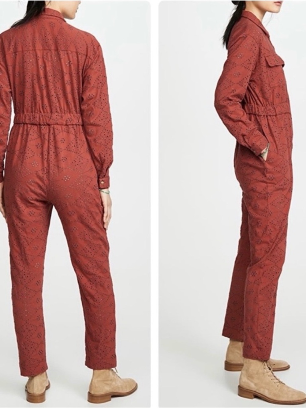 Free People Set The Tone Jumpsuit - Rust Orange Eyelet Long Sleeve - Size 6